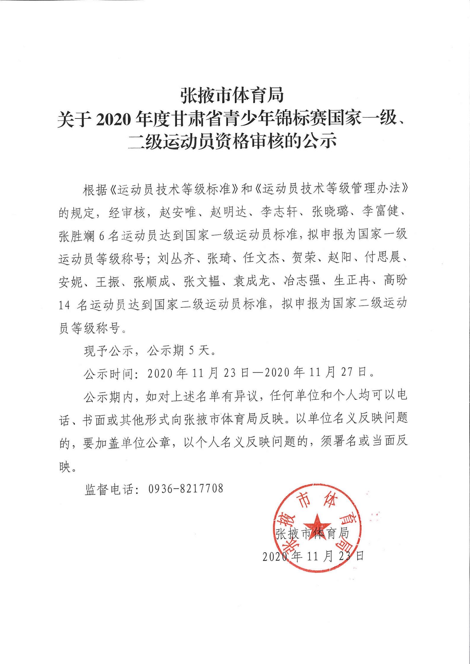 张掖市体育局关于2020年度甘肃省青少年锦标赛国家一级二级运动员资格